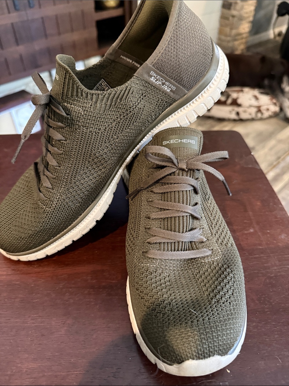Skechers Olive Green Knit Slip-On Lace-Up Sneakers